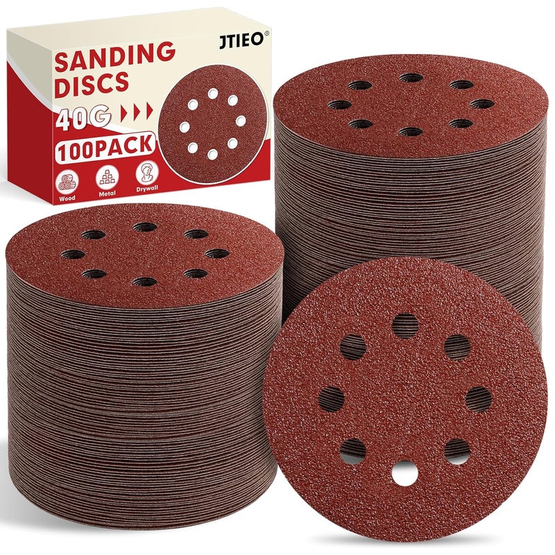 JTIEO 100PCS Sanding Discs 40 Grit, 5 Inch Orbital Sander Pads, Hook & Loop Sandpaper Pads, 8 Hole Round Sanding Discs for Random Orbital Sanders - Image 1